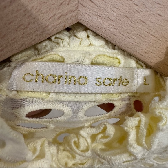 Charina Sarte Dandelion Butter Yellow Eyelet Tiered Button Front Dress L - Picture 7 of 7
